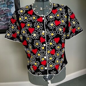 Michael Simon M L Embroidered Daisy Sweater Cardigan Heart Valentines easter